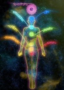 System of human chakras on abstract space background